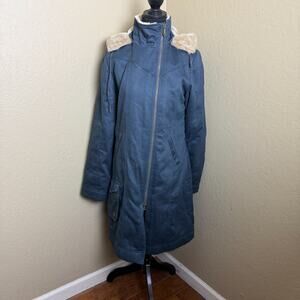 Hemp Hoodlamb Women’s Hooded Winter Coat Blue Faux Fur Hemp Cotton Size S